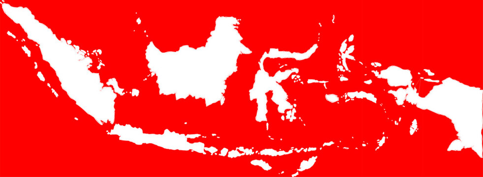 A clean white silhouette map of Indonesia on a striking red background. Perfect for national, geographic, or abstract design projects.