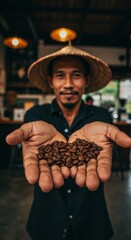 A Coffee Farmer Showcases Freshly Harvested Arabica Beans in his Hands, Traditional Hat and Shirt