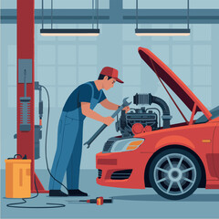 Fototapeta premium Automotive mechanic repairing car engine in garage professional auto service and maintenance for vehicles shop