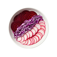 Obraz premium A white bowl filled with fresh, vibrant sliced beets, shredded purple cabbage, and crisp radishes, perfect for a healthy salad or side dish.