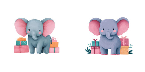 Obraz premium Two cute cartoon baby elephants standing with colorful wrapped gift boxes arranged around them.