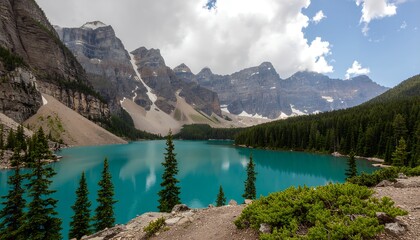 Stunning turquoise glacial lake surrounded by majestic rocky mountains and pine forest
