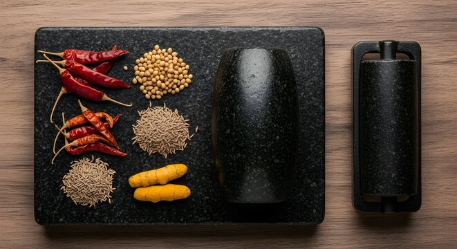 Spices on Traditional Grinding Stone (Miris Gala) Ready for Blending