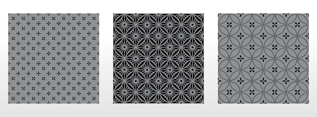 Fototapeta na wymiar Geometric floral set of seamless patterns. Gray and black vector backgrounds. Damask graphic ornaments