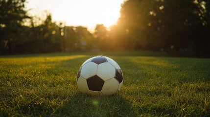 Obraz premium Soccer ball on a grassy field during golden hour, highlighting the excitement of the game.