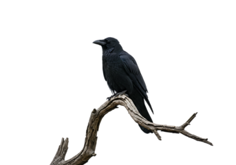 A raven perched on a bare branch against a black background in a low angle shot at eye level created with generated ai