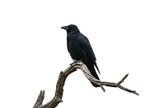 A raven perched on a bare branch against a black background in a low angle shot at eye level created with generated ai
