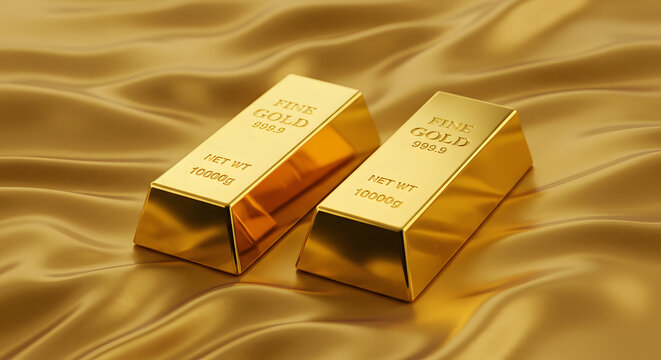 Two gold bars of 999.9 purity resting on a golden silk fabric