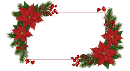 Festive christmas poinsettia and holly border with blank space for text isolated on transparent background