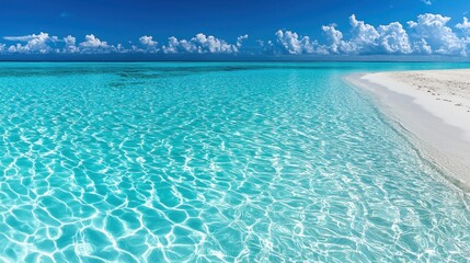 Obraz premium A Clear Blue Ocean Beach with White Sand and Clouds