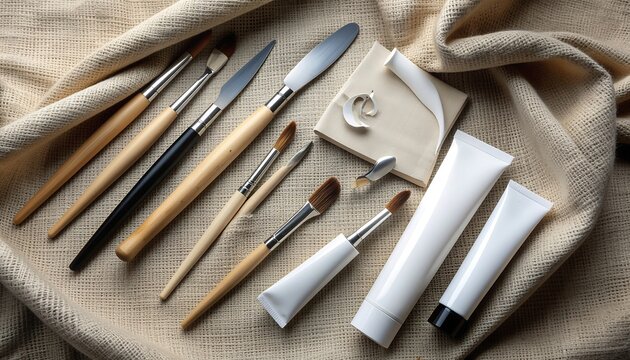 Art supplies including paintbrushes palette knives and tubes of paint arranged on textured fabric