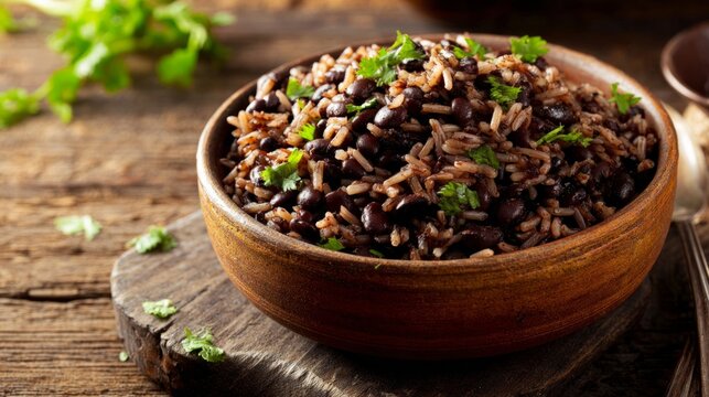 Steaming gallo pinto in a clay bowl, garnished with cilantro, embodying traditional Costa Rican cuisine