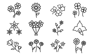 Hand-Drawn Flower Icon Set – Cute Minimalist Botanical Line Art Clipart Bundle Featuring Floral and Leaf Silhouettes for Nature, Craft, and Design Projects

