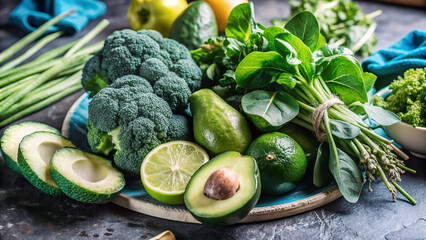 Fresh Green Power &ndash; Healthy Organic Vegetables and Fruits on Rustic Wooden Plate. A vibrant assortment of fresh green vegetables and fruits including broccoli, avocado, asparagus, lime, and leafy gree