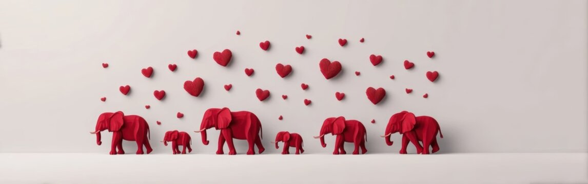 Red elephant figurines of varying sizes and red heart shapes are arranged on a light background, symbolizing love and family.