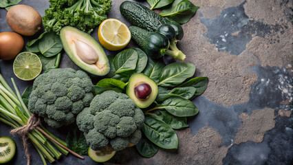 Fresh Green Power &ndash; Healthy Organic Vegetables and Fruits on Rustic Wooden Plate. A vibrant assortment of fresh green vegetables and fruits including broccoli, avocado, asparagus, lime, and leafy gree