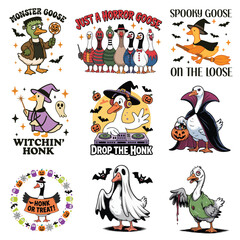 Collection of Spooky Goose Shirt, Halloween Spooky Goose T-shirt Vector, Retro Scary Goose Illustration, Silly Goose Halloween Clipart, Funny Animal Season Design
