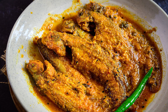 Bengali-style pabda fish in tomato-based red curry &ndash; pabda macher jhol, traditional Bengali fish dish, Indian freshwater fish curry, spicy homestyle fish preparation, overhead view

