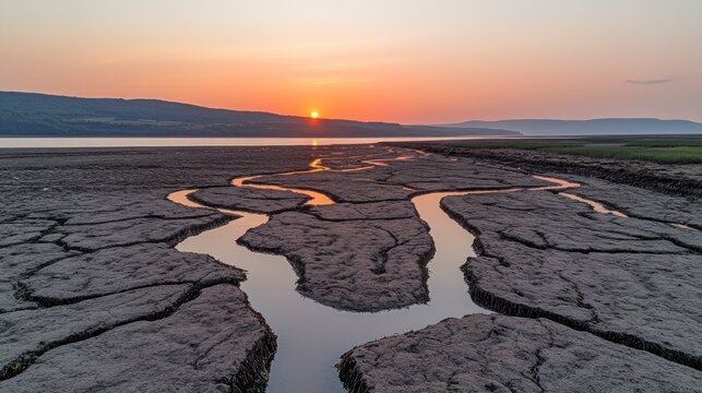 Winding waterways on exposed mudflats at sunrise.