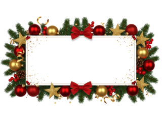 Festive christmas border with ornaments bows stars and fir branches isolated on transparent background