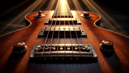 Fototapeta premium Close-up of an electric guitar with a wooden finish. The strings and pickups are clearly visible. Light beams create a dramatic effect.