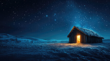 Wooden stable under a dark blue starry night sky. The scene evokes the birth of Jesus Christ, with a bright star shining above. Copy space available.