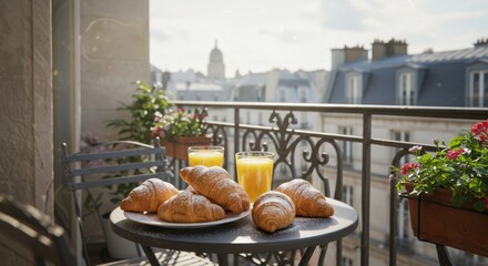A sunny balcony breakfast scene featuring croissants, juice, and a city view.