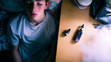 Vaping teen next to asthma inhaler, irony, contrast, health conflict, danger, awareness, bedroom desk