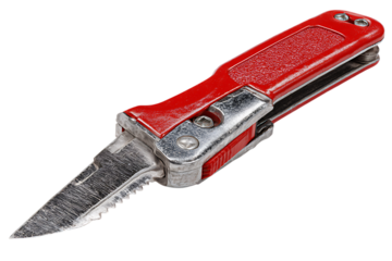 Close up of a red folding pocket knife with serrated blade.