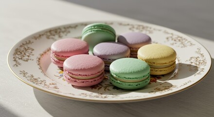 Obraz premium A close-up shot of colorful macarons arranged on a vintage, patterned plate, bathed in natural light.
