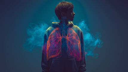 Lungs visualized behind vaping teen, warning, internal harm, young health, visual metaphor, addiction, medical studio, composite shot