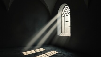 Dark Room Interior with Light Beams Streaming Through Arched Window