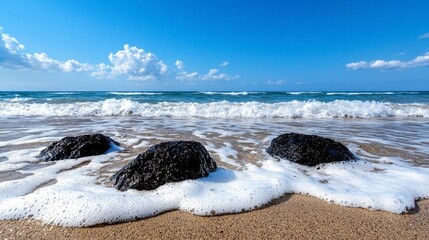 Dark Rocks and White Waves on Sandy Beach under Blue Sky