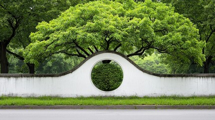 Curved White Wall with Circular Opening and Lush Green Trees