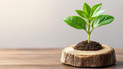 Green Plant Sprouting from Wood on Wooden Surface
