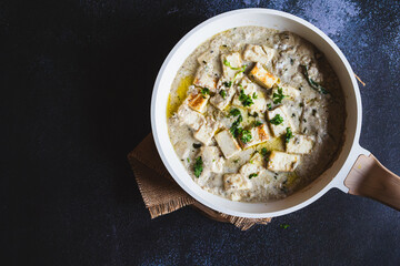 North Indian-style safed paneer – creamy white paneer curry in cashew and milk-based gravy, traditional Indian vegetarian dish, rich mild curry, royal-style shahi paneer variant, top view
