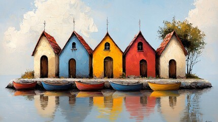 Five Colorful Houses on a Calm Island with Boats
