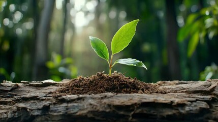 Green Sprout Emerging from Soil on Log in Sunlit Forest