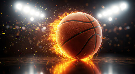Fiery Basketball in Spotlight Action Sports Concept Illustration