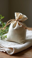 Cloth pouch filled with herbs tied with string