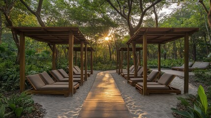 Fototapeta premium Wooden lounge chairs under pergola in a tropical setting.