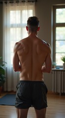 Man in a black shorts standing in front of a window