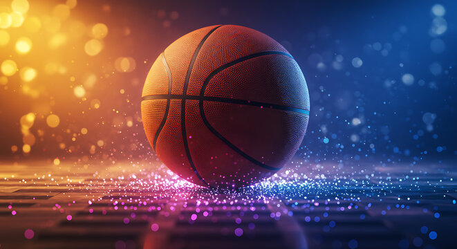 Basketball on a sparkling court with dynamic lighting effects