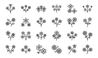 Hand-Drawn Flower Icon Set &ndash; Cute Minimalist Botanical Line Art Clipart Bundle Featuring Floral and Leaf Silhouettes for Nature, Craft, and Design Projects

