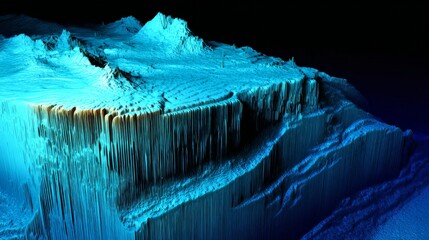 Underwater canyon with cascading blue layers creating a liquid avalanche visible through sonar-like ripples.
