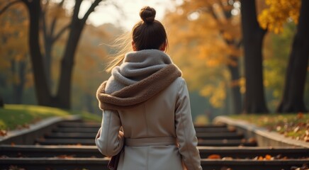 Woman walking down a set of stairs in a park