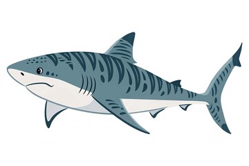 Naklejka premium Flat vector illustration of a tiger shark with gray body tiger stripes streamlined shape sleek and minimal design modern aesthetic on white background
