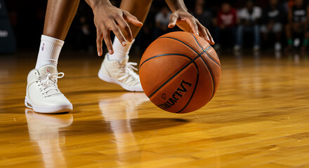 Naklejka premium Basketball Player Dribbling Ball on Hardwood Court in Action