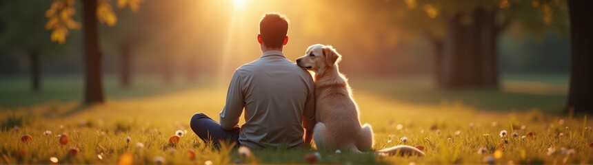 Man sitting in the grass with a dog