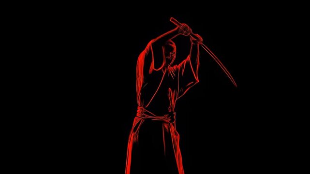 Dynamic Silhouette of a Samurai Warrior in Action with Sword Against a Red Background